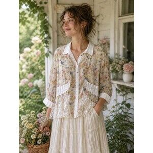 Cottagecore Lace Floral Pleated Blouse Size US 8 Eur 44 Tinta Style (Spain)